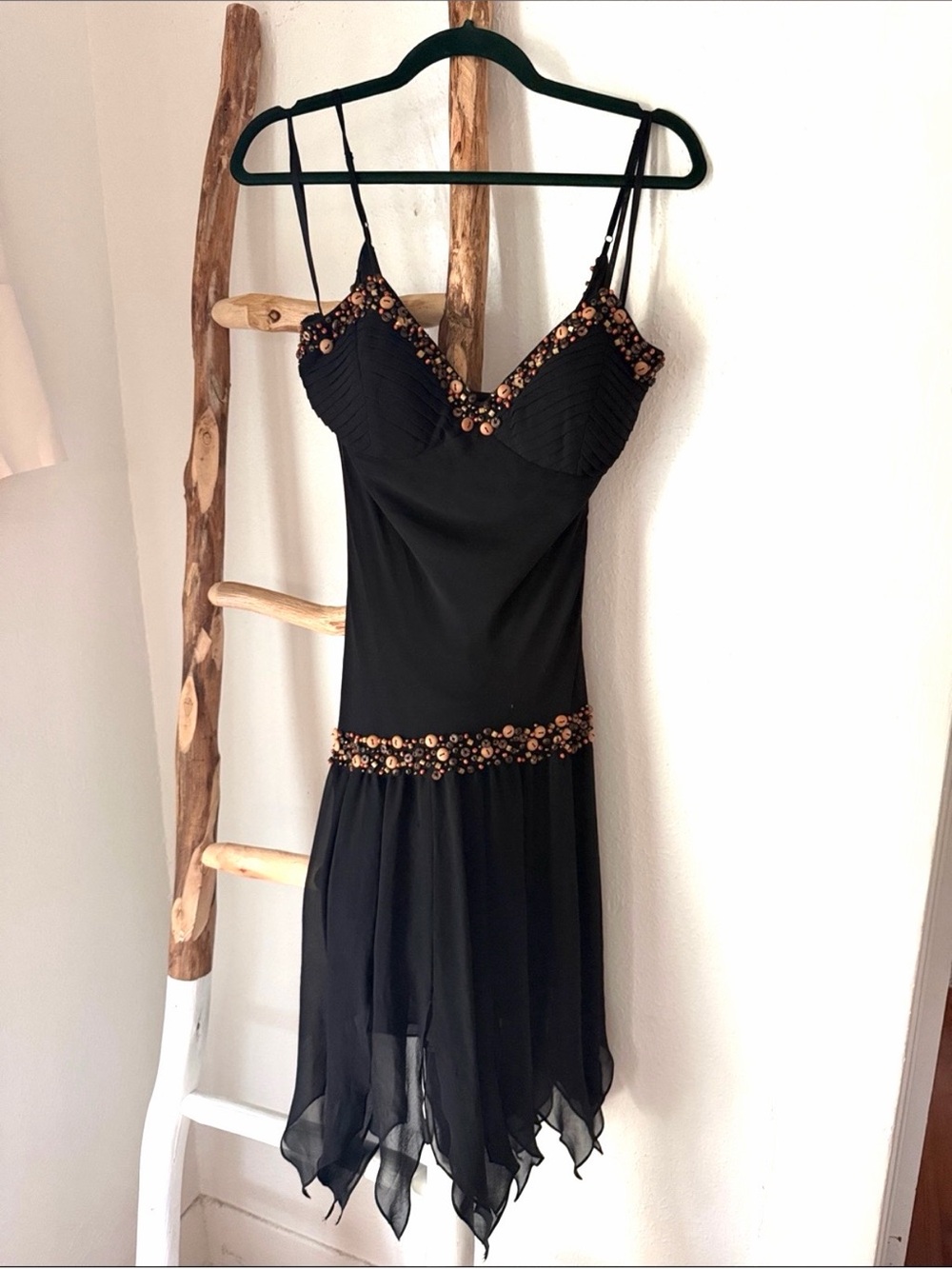 Sue Wong Black Silk Asymmetrical Dress with Brown Tan Wood Bead Embellishments 8